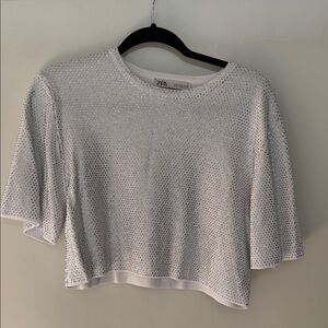 Zara White Cropped Rhinestone Short-Sleeve Top